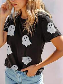 EMERY ROSE Áo thun cổ tròn in hình ma đen lấp lánh Halloween cỡ lớn dành cho nữ, Áo thun Halloween, Phù hợp cho mùa hè, Kiểu in, Áo thun thời trang hiện nay, Áo thun đẹp, Quà tặng cho anh chị em, Quà tặng cho chị em gái, Quà tặng cho mẹ, Quà tặng Ngày của Mẹ, Áo thời trang thường ngày - màu đen - Xem 3