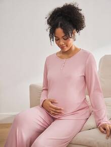 Conjunto de pijama de maternidad de cuello redondo de manga larga y pantalones de moda para el invierno - Blanco - Ver 4