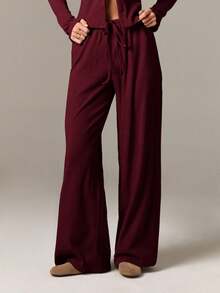 AiiRZ Women Ribbed Knit Coordinated Set Button Up Cardigan Wide Leg Drawstring Pants Loungewear Fall Winter Relaxed Fit Modern Two Piece Outfit - Burgundy - View 5