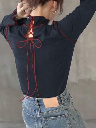 FRIFUL Tricou damă negru, culoare solidă, guler înalt, mânecă lungă, cu paspoal contrastant, la spate, cu șnur, design gol, casual, mulat, versatil, toamnă/iarnă