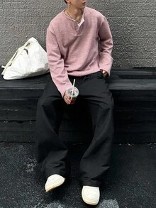 DAZY 男士纹理面料圆领半开襟T恤，粉色，秋季 - 粉色 - 查看 3