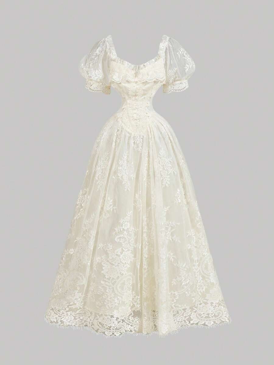 SHEIN MOD Apricot Dreamy Romantic Elegant Lace Patchwork Satin Dress With Ruffled Hem And Bow Accents, Suitable For Dates, Parties, Holidays, Tea Parties, Birthday Occasions,Easter Dress Women,Prom Dress,Summer Clothes,Vacation Outfits Women,Wedding Guest Dress Women,Formal Dresses For Women,Graduation Dress,Birthday Dresses For Women - Apricot - View 1