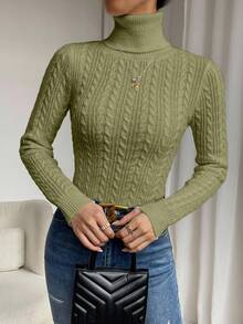 EMERY ROSE Casual Solid Color Turtleneck Sweater, Autumn/Winter - Army Green - View 6