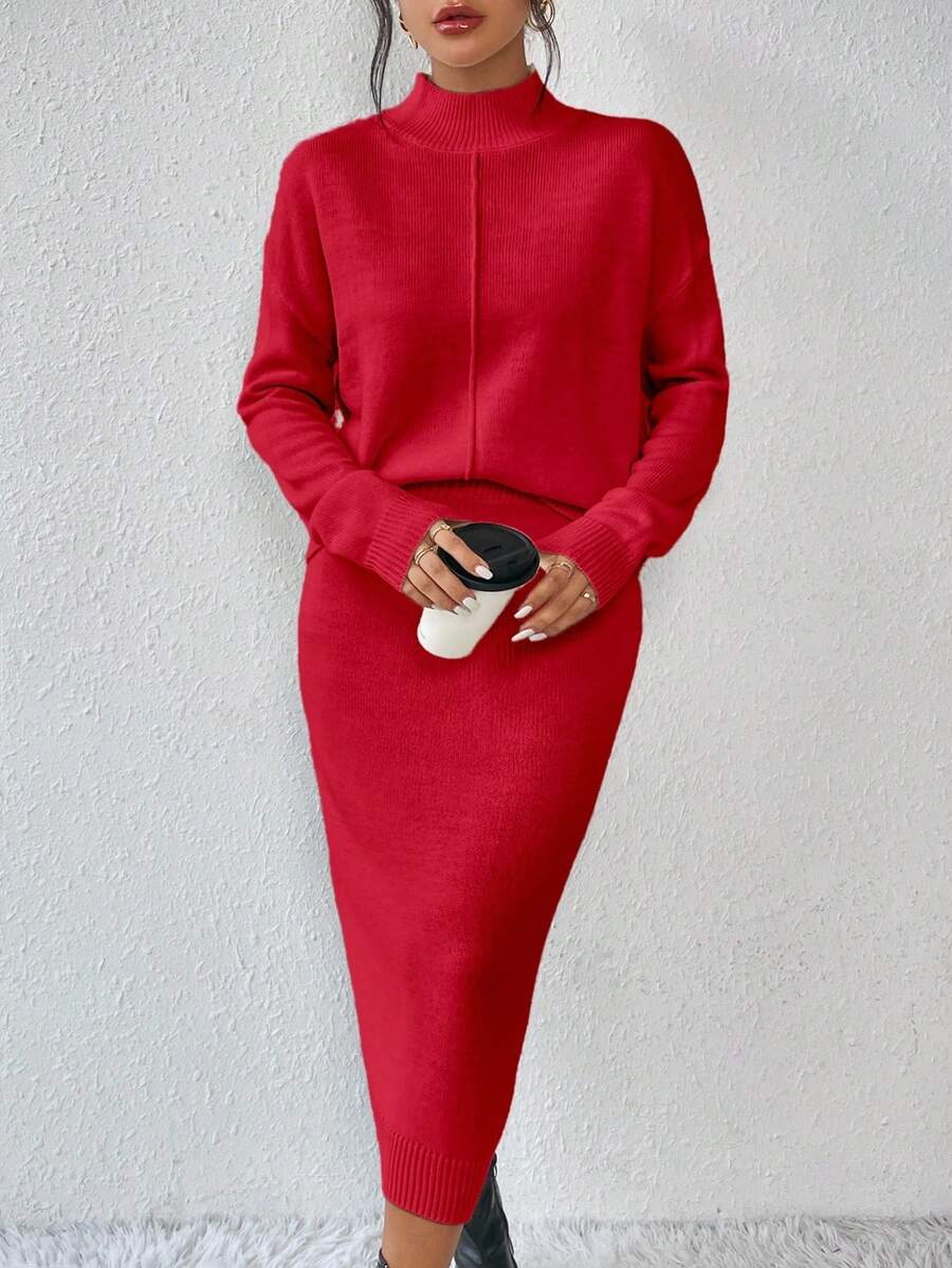 Almamuse Set de suéter de 2 piezas con top de manga larga de cuello alto y falda de punto casual - Rojo - Ver 1