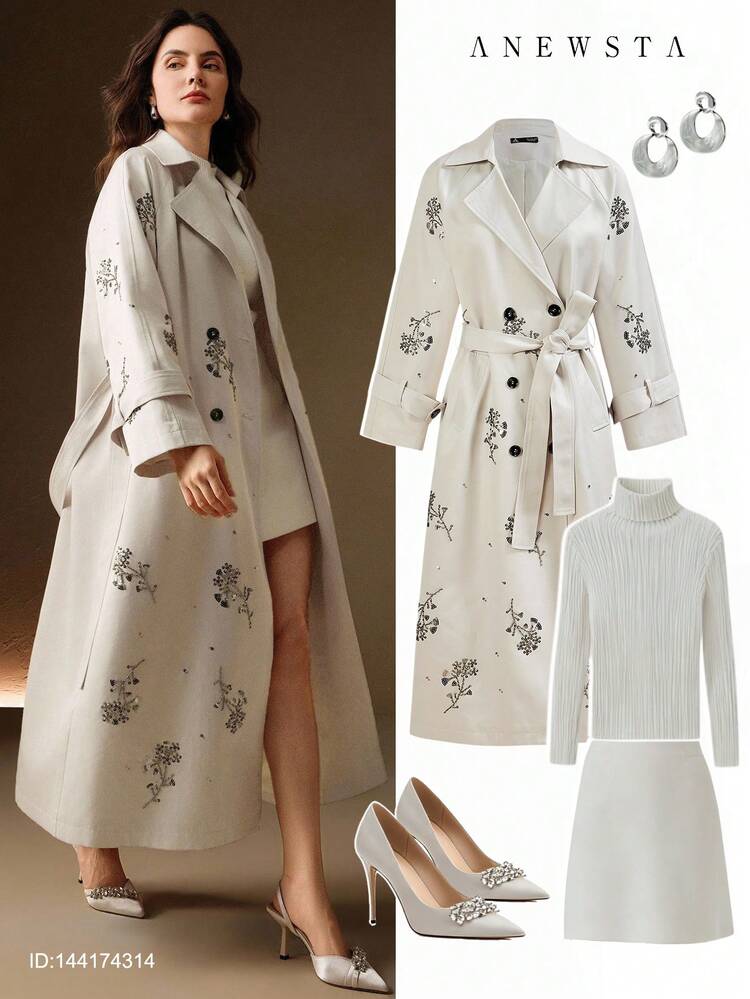 Women's Autumn/Winter Long Vintage Almond Gray 3D Beaded Embroidery Double-Breasted Cinched Waist Trench Coat