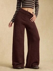 Easelle 女士休闲棕色宽松阔腿针织裤，秋冬 - 棕色 - 查看 4