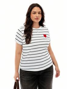 Solavibe Plus Size Women Knitted Striped T-Shirt With Small Heart Embroidery For Summer - Black and White - View 1