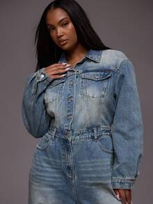 MUSERA 加大码水洗牛仔阔腿连体裤，日常休闲酷女孩街头风，未裁剪 - 藍色 - 查看 2