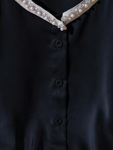 Franclia 优雅浪漫V领亮片设计女式衬衫，秋季 - 藏蓝色 - 查看 4