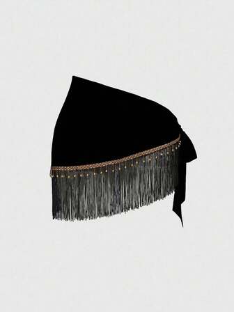 Women's Retro Hippie Western Music Festival Beaded Fringe Hem Drawstring Skirt