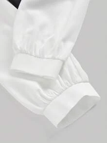 SHEIN MOD Turndown Collar Long Sleeve Contrast Color Chest Ruched Black & White Contrast Color Shirt,Black Shirts,Button Down Blouse,Long Sleeve Women Shirts,Collared Women Shirt,Work Women Shirts,Dressy Shirts,V Neck Shirt