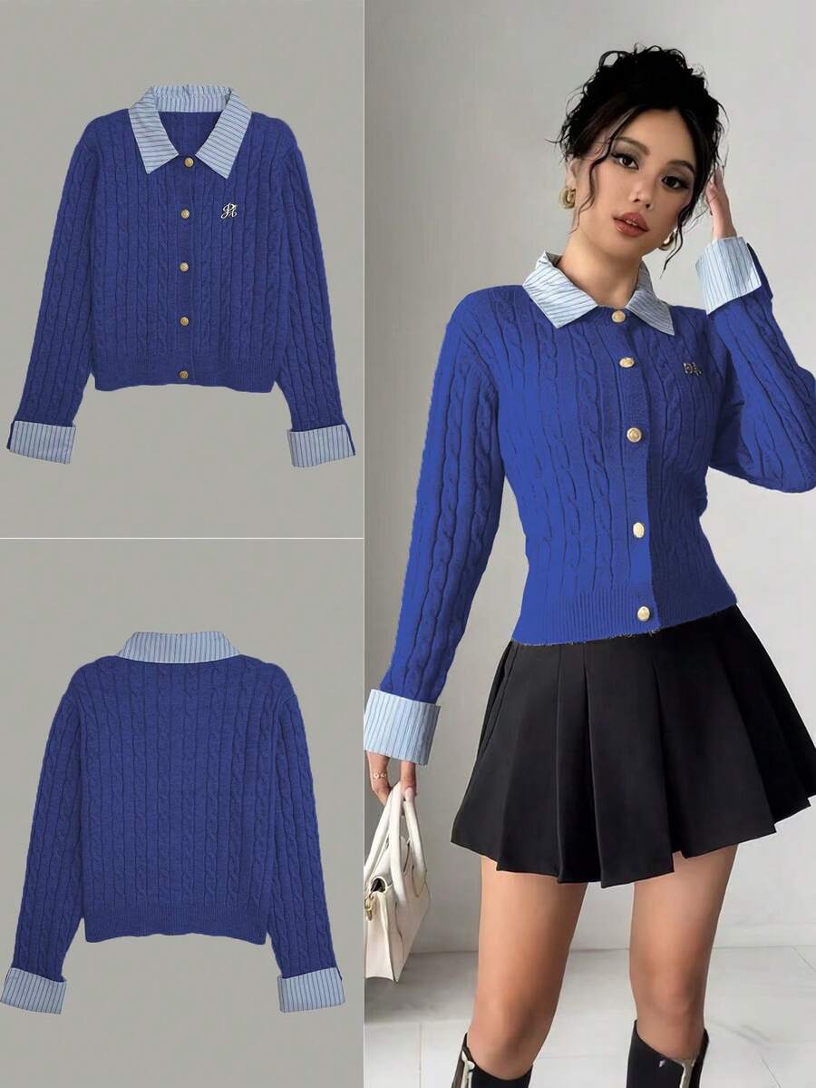 Rafferiza Fashionable Blogger-Inspired 2 In 1 Patchwork Knit Cropped Cardigan, European And American Style - Royal Blue - View 1