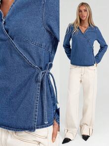 Avantive Aqua Blue,Autumn,Casual,Everyday Women's Cowgirl Denim Top,Turndown Collar Long Sleeve Wrap Tie Blue Washed Denim Blouse,Elegant Chic Vintage Shirt - Blue - View 8