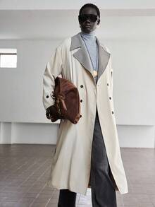 Lumivelle Abrigo de trinchera de manga larga con parches de cuadros en color caqui