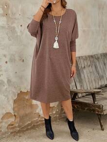 Plus Size Casual Fitted Round Neck Knit Dress For Women - Brown - View 1