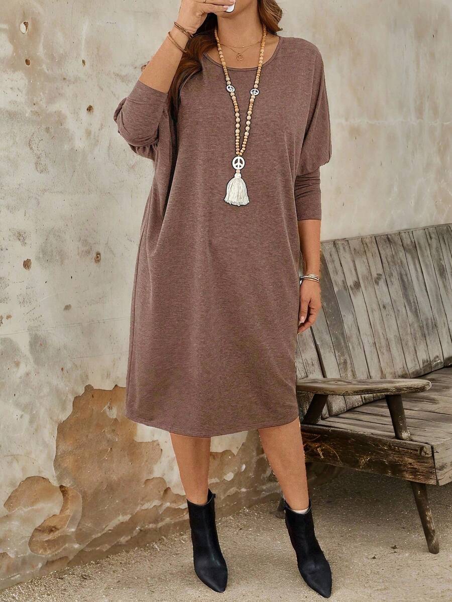 Plus Size Casual Fitted Round Neck Knit Dress For Women - Brown - View 1