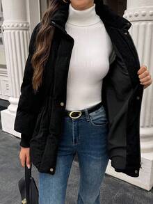 SHEIN LUNE Damen Lässig Pendler einfarbige Reißverschluss-Steppjacke, warm gefüttert, Winter - Schwarz - Übersicht 7