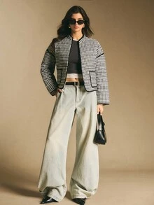 Poéselle 女式格子落肩长袖休闲宽松冬季夹克 - 黑與白 - 查看 5