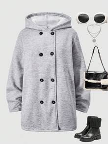 Streecool Teen Girls Jacket, Knitted Composite Thermal Lined Mid-Length Hooded Solid Color Jacket, Double-Breasted Design, Loose Fit, Side Pockets, Suitable For Casual, Commute, Vacation In Autumn/Winter - Grey - View 6