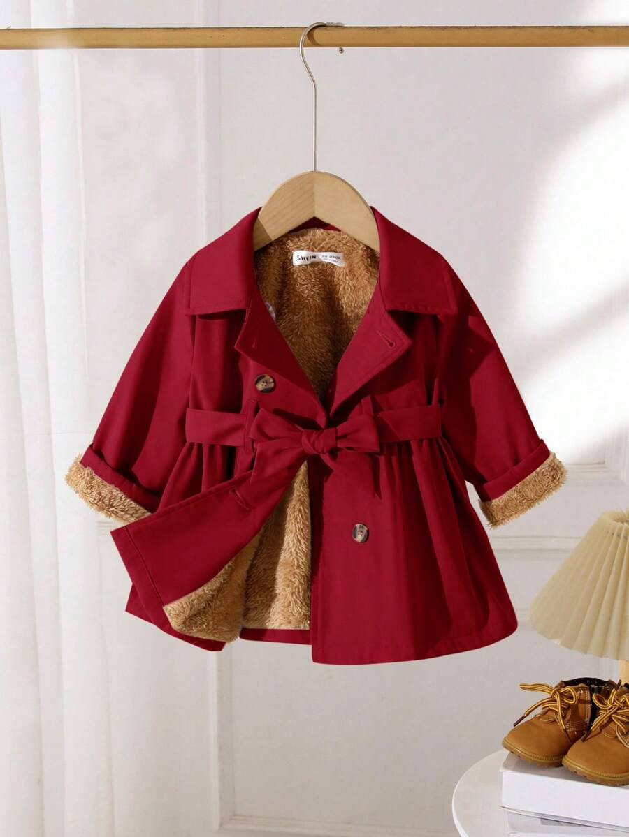 SHEIN Baby Girl Khaki Thermal Lined Long Coat With Lapel Collar, Casual & Cute, Autumn/Winter