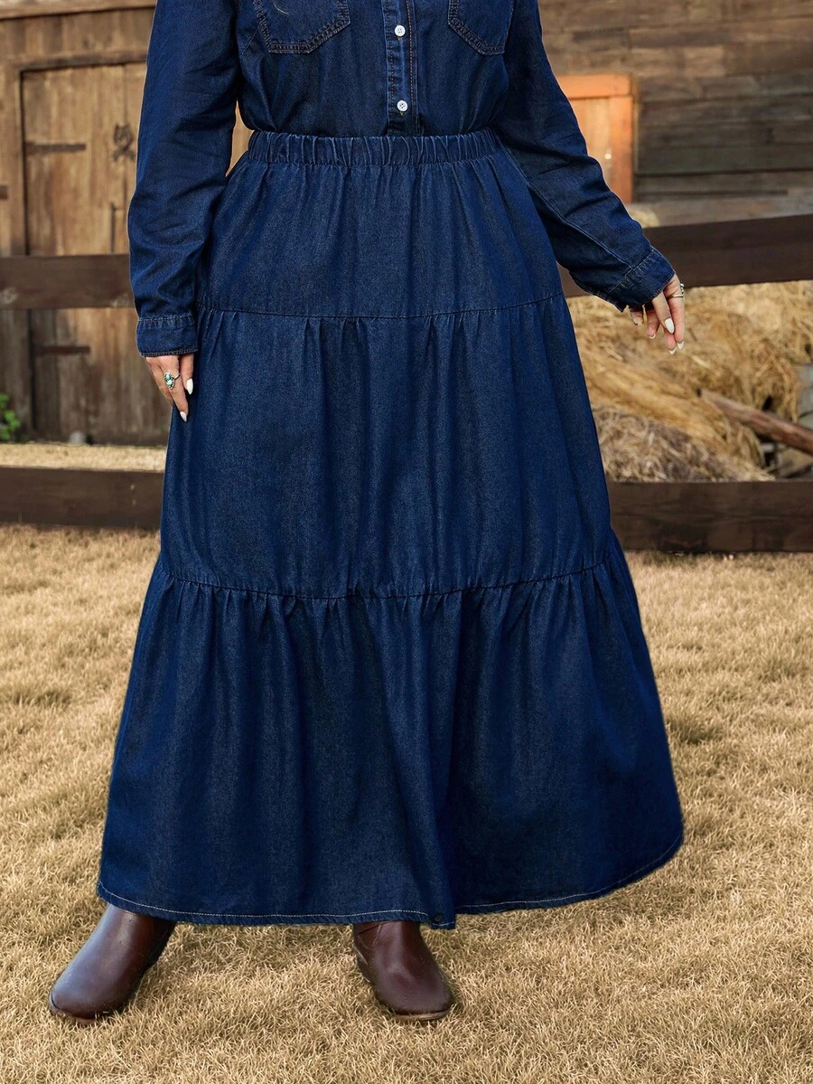 SHEIN Clasi Plus Size Elastic Waist Loose Fit Denim Skirt With A-Line Shape - Dark Wash - View 1