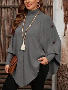 EMERY ROSE Women's Solid Color Knitted Button High Neck Batwing Long Sleeve Cape Style Fitted Elegant Sweater, Autumn/Winter - Grey - View 4