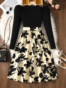 SHEIN 少女连衣裙花卉印花泡泡袖系带连衣裙长款服装/圣诞节、节日/家庭日/新年快乐 - 彩色 - 查看 7