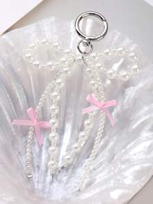 ROMWE Kawaii 1pc Korean Simple Sweet And Cool Faux Pearl Pendant Keychain With 2 Pink Ribbon Bows, For Bag And Key Decoration Valentines - Pink - View 10