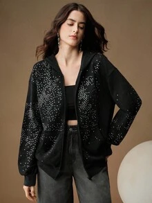 Anewsta 女士秋冬美式水钻装饰拉链卫衣，黑色长袖，优雅别致，时尚有型，适合秋季、冬季、新年、圣诞节、外出穿着 - 黑色 - 查看 4