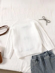 SHEIN 秋冬新款甜美麻花针织毛衣，适合年轻女孩，天鹅绒3D蝴蝶结设计，圆领长袖可爱针织上衣 - 米色 - 查看 3