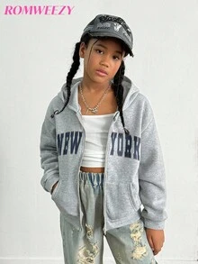 秋冬女童英文印花连帽拉链夹克 - 撞色字母印花混合街头风格，适合秋冬季的温暖针织面料，略微宽松的版型为成长提供空间，充满活力的校园和街头风格！ - 灰色 - 查看 5