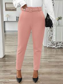 SHEIN Clasi 大码女式纯色直筒优雅办公裤 - 粉色 - 查看 3