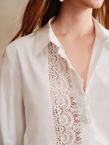 Arave 女式 100% 纯棉休闲宽松衬衫，肩部和袖子饰有花卉蕾丝花边 - 米色 - 查看 5