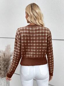 EMERY ROSE 女式格纹金属单排扣休闲针织开衫，秋冬 - 棕色 - 查看 2