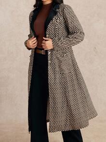 Nubod Plus Size Women Striped Lapel NeckLong Sleeve Metal Button Design Elegant Long Fashionable Jacket, Autumn/Winter