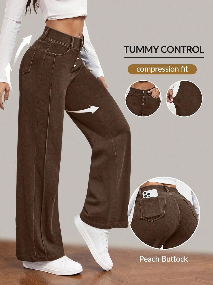 Flexra Women's Button Front Pocket Wide Leg Loose Casual Jeans - Coffee Brown - View 1