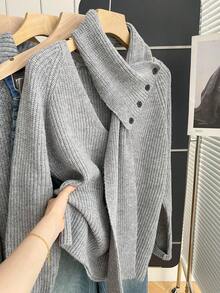 Franclia 法式复古宽松V领长袖针织围巾可拆卸灰色女士套头毛衣，秋冬外出上衣 - 灰色 - 查看 1