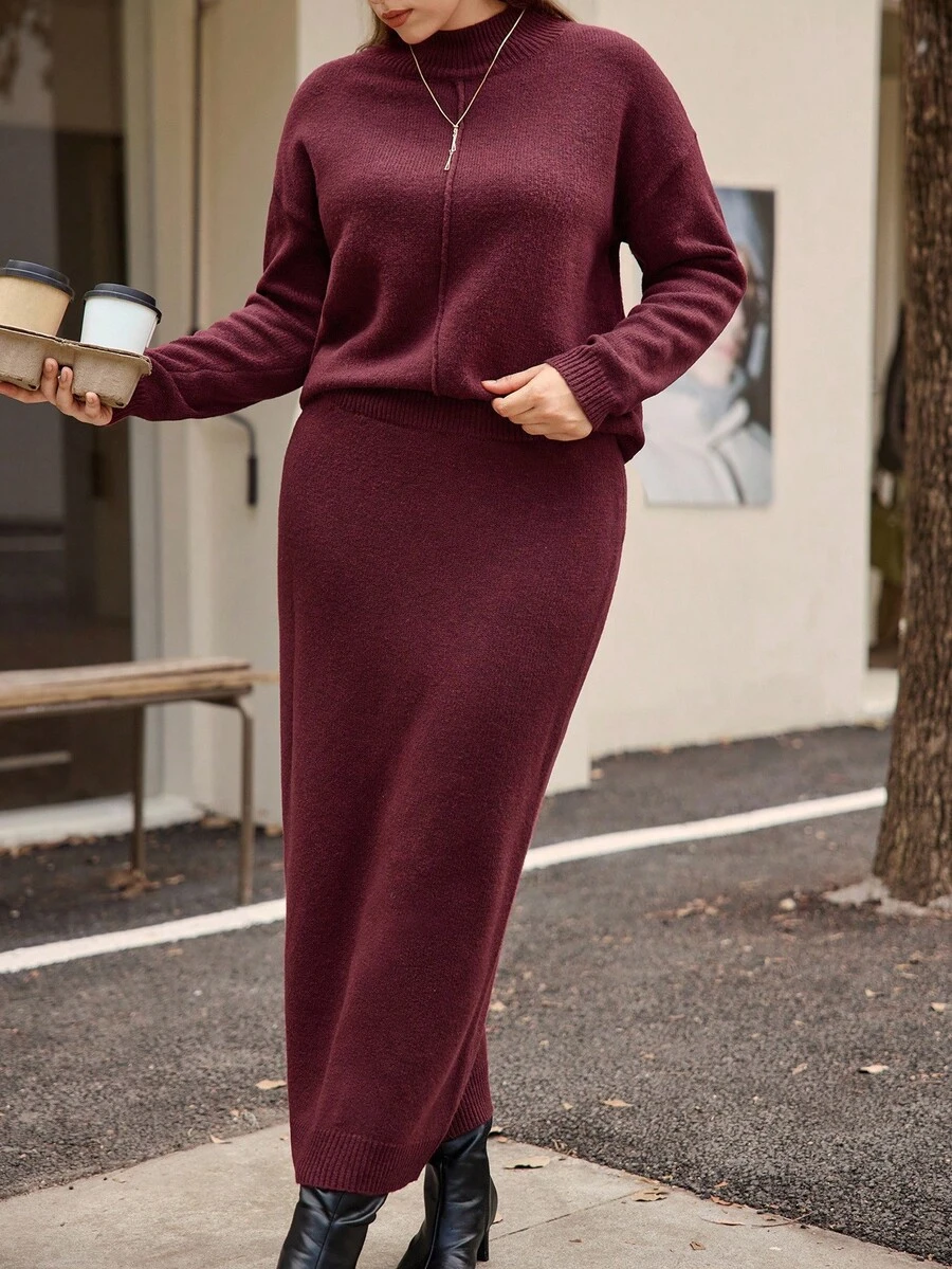 Easura 2pcs Plus Size Set, Casual Loose Collar Dropped Shoulder Sweater And Skirt Suit