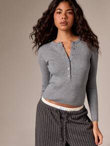 AiiRZ Suéter de henley de manga larga con botones y acanalado, moderno, profesional, clásico, de invierno, para capas, moda básica de otoño, elegante, ajustado, chic de oficina - Gris - Ver 4