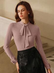 Anewsta Women's Christmas, Elegant Bowknot Embellished Rhinestone 3D Flower Sweater, Christmas Pullover, Suitable For Autumn/Winter, Thanksgiving - Dusty Pink - View 7