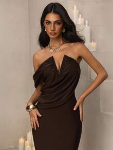 Vowa Vestido sereia elegante, moderno, sexy e glamouroso, marrom, sem alças, assimétrico, com contas de metal, decote profundo e drapeado, adequado para encontros, férias, compras, chá da tarde, festas de solteiros, casamentos, festivais de música, exposições, vestido de outono, vestido de noite formal - Ferrugem Marrom - Ver 2