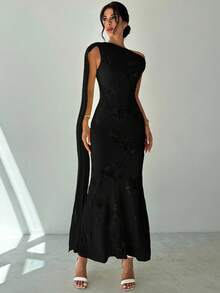 Firerie Đầm Maxi dài chấm đất dáng đuôi cá màu vàng, dáng ôm body, thêu lưới, sang trọng, thanh lịch, tinh tế, lãng mạn dành cho nữ dự tiệc khiêu vũ - màu đen - Xem 3