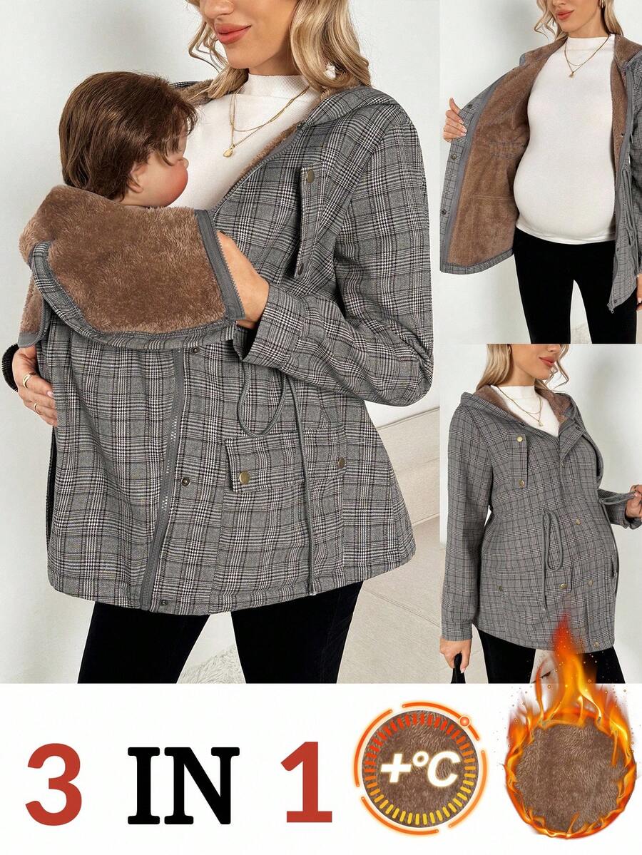 SHEIN Pregnant Women's Plaid Print Thermal-Lined Hooded Pocket 3-In-1 Long Sleeve Jacket, Autumn/Winter Plus Size Jackets Flannels For Women Shackets For Women Fall Women Clothes Maternity Clothes Fall Winter