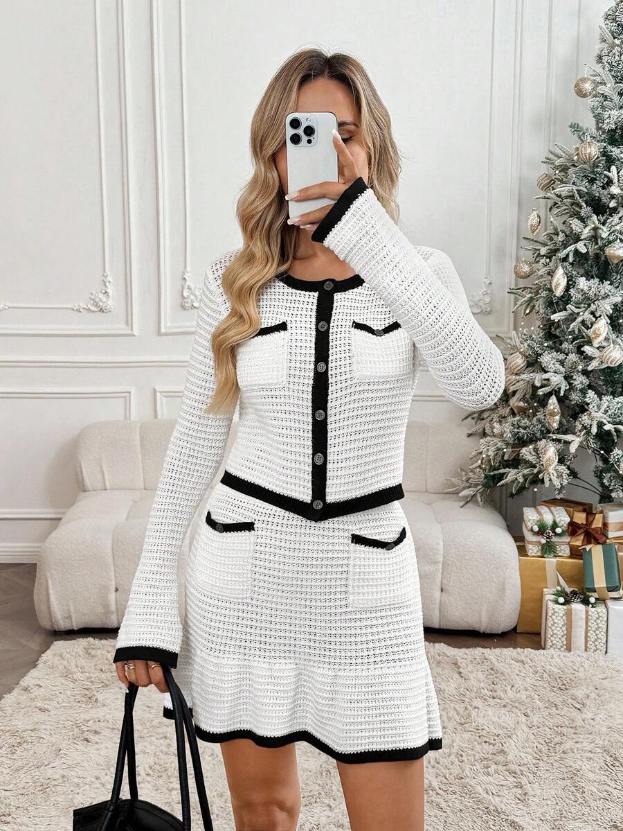 SHEIN LUNE Women's Elegant Commuter Contrast Trim Cardigan & Knit Skirt 2 Pieces Set Christmas