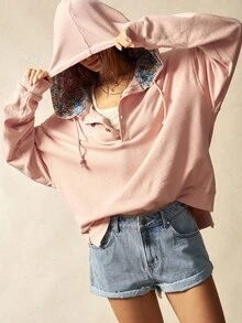 Bohemela 波西米亚风女士休闲针织长袖宽松水洗长袖和平图案蕾丝细节连帽卫衣，复古西部乡村风格，适合音乐会、度假、返校、万圣节、圣诞节等场合，秋冬季穿着。 - 粉色 - 查看 8