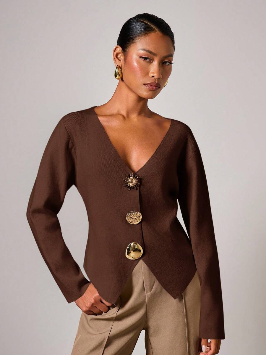 COSMINA Cardigan feminino elegante com botões de metal e decote em V, outono/inverno - Castanho Café - Ver 1