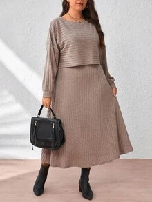 EMERY ROSE فستان كاجوال مضلع محبوك بياقة دائرية وأكمام طويلة منسدلة للنساء ذوات الأحجام الكبيرة - كاكي - مشاهدة 1