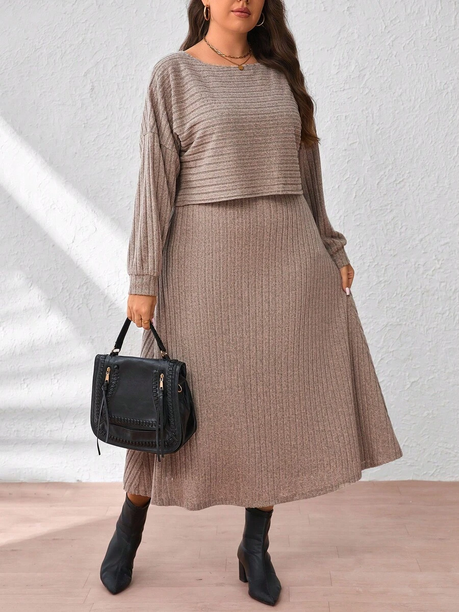 EMERY ROSE فستان كاجوال مضلع محبوك بياقة دائرية وأكمام طويلة منسدلة للنساء ذوات الأحجام الكبيرة - كاكي - مشاهدة 1