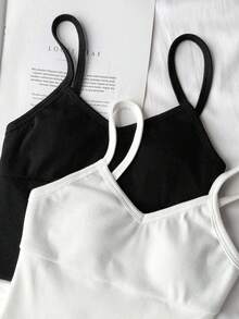 SHEIN 两件装少女基础款纯棉吊带背心，休闲冬季款 - 黑與白 - 查看 3