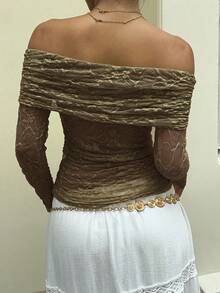 SHEIN Unity Autumn Off-Shoulder Puff Ruffle Lace Fabric Sheer Long Sleeve Top - Army Green - View 2